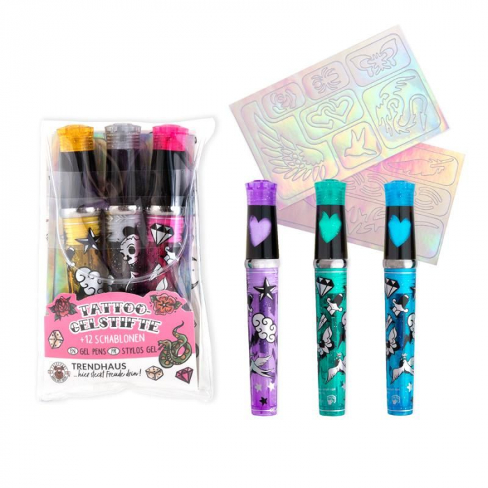 Set creativ DIY, 3 pixuri cu gel si sabloane pentru tatuaje, Glitter tattoo studio [1]