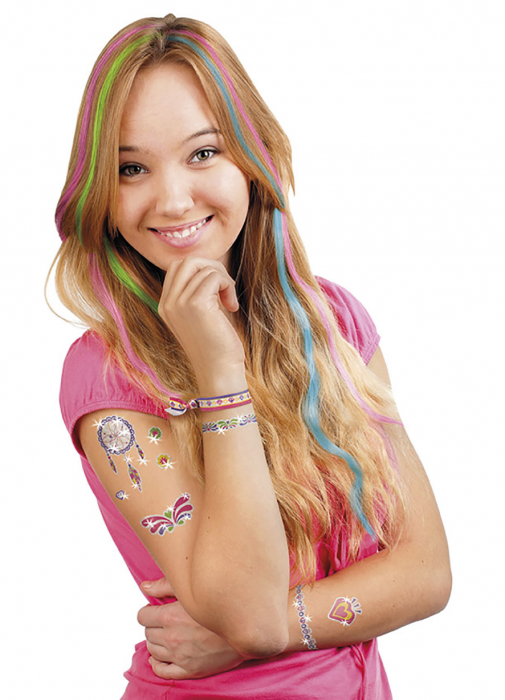 Set creativ 3 in 1, tatuaje cu sclipici, tatuaje cu sclipici pentru unghii si creioane pentru colorarea parului - Fashion Glamz [4]