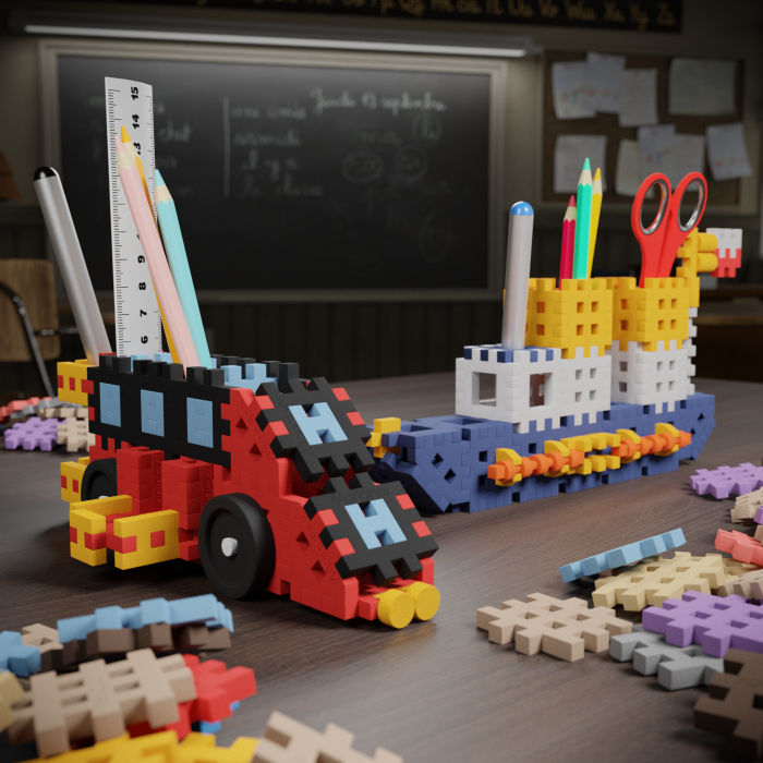 Set de constructie, Organizator de birou, vehicule, 140 piese, Mini Waffles, Marioinex [5]