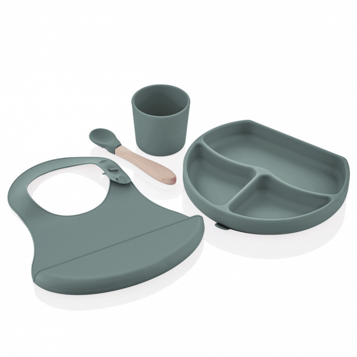 Set diversificare 4 piese din silicon BabyJem: bavetica, farfurie, lingurita si pahar (Culoare: Ecru) [4]