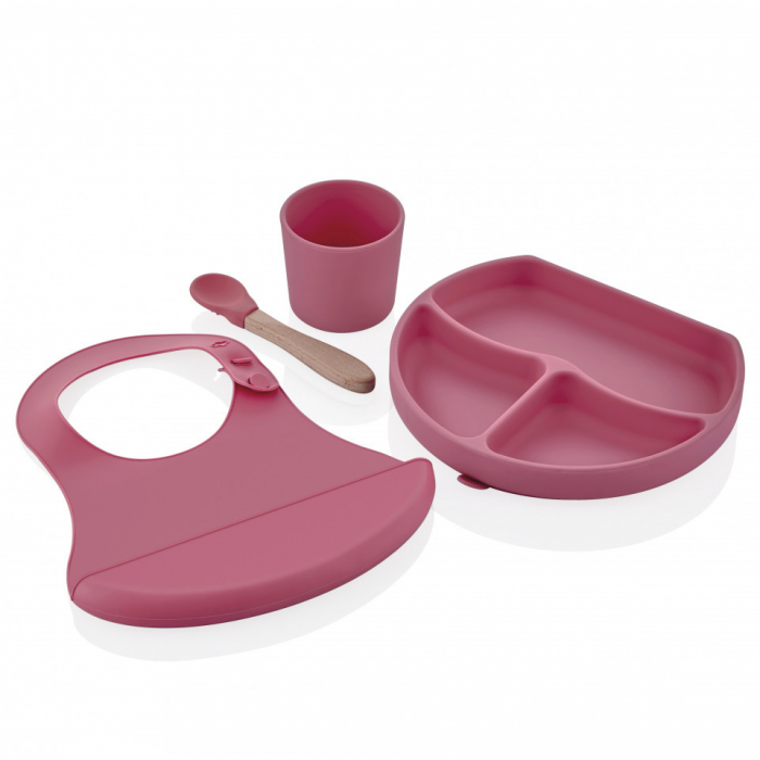 Set diversificare 4 piese din silicon BabyJem: bavetica, farfurie, lingurita si pahar (Culoare: Ecru) [10]
