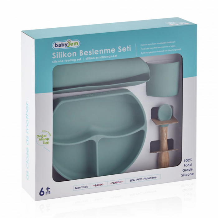 Set diversificare 4 piese din silicon BabyJem: bavetica, farfurie, lingurita si pahar (Culoare: Ecru) [6]