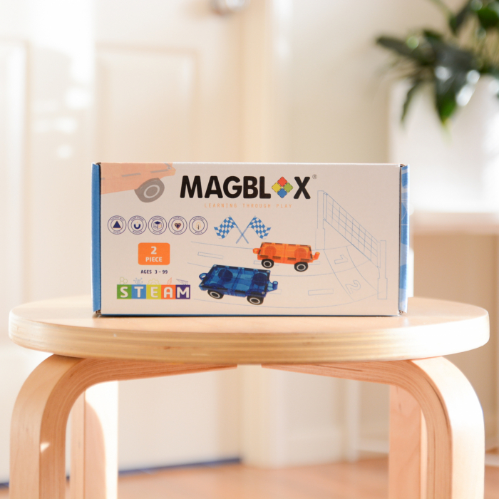 Set magnetic Magblox - 2 sasiuri magnetice accesorii pentru constructie cu roti de lemn - albastru si portocaliu [2]