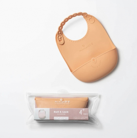 Diversificare bebeluși - Baveta bebelusi Miniware Roll & Lock, 100% din silicon alimentar, Toffee