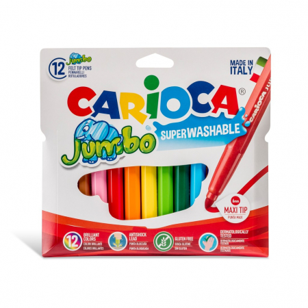 Carioci - Carioci lavabile - 12 culori/set Carioca Jumbo cu varf rotund.