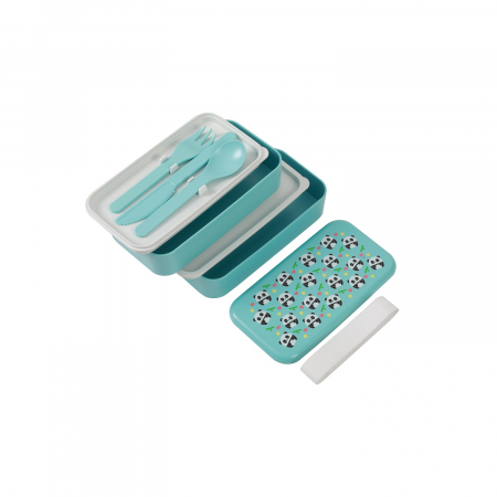 Recipiente alimentare - Cutie dubla pentru alimente, cu set de tacamuri, cu design Pandastic