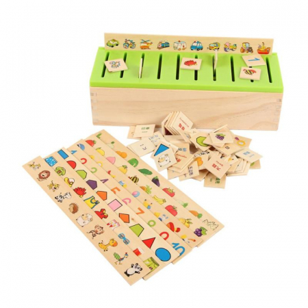 Jucării copii 5-6 ani - Joc asociere şi sortare - Cutie Montessori cu 88 piese din lemn