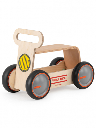 Mașinuțe, tractoare și excavatoare - Masinuta ride-on, premergator si carucior de jucarii MamaToyz DriveMe Wood, Ambulanta - Jucarie din lemn 3 in 1