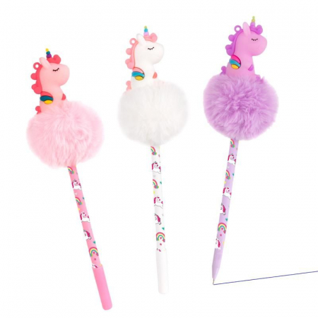 Stilouri și pixuri - Pix cu gel, cu pom-pom si capac in forma de unicorn