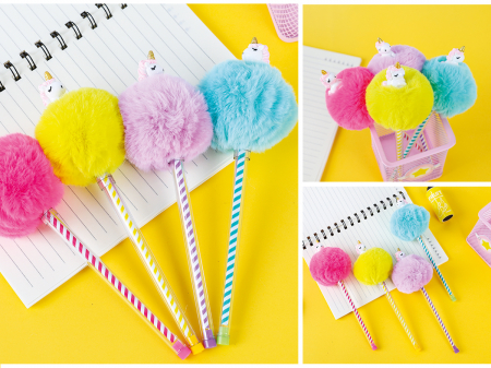 Stilouri și pixuri - Pix cu gel si bila, cu pom-pom, unicorn