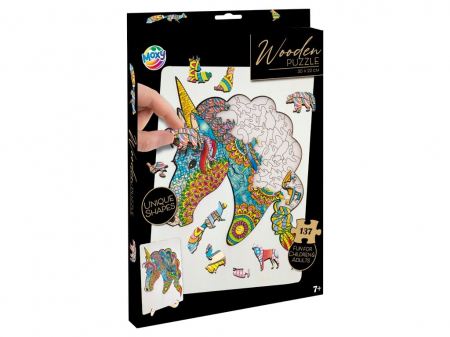 Jocuri educative - Puzzle din lemn cu forme unice, Unicorn, 137 piese, Moxy