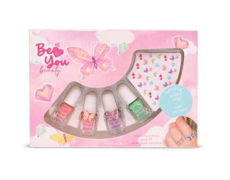 Vârstă - Set cadou BeYou, cu oje si stickere pentru unghii si 2 inele cu fluturas, Treffina