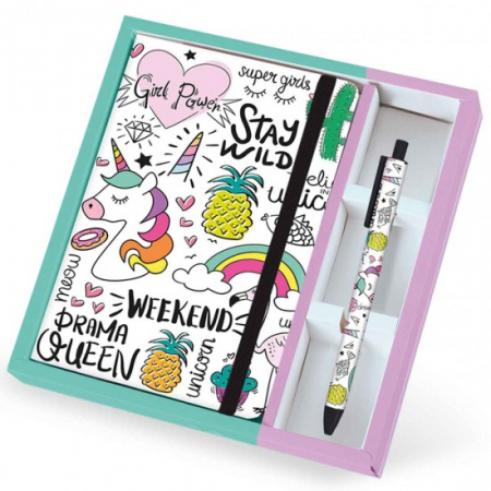 Agende - Set cadou cu carnet A5 si pix erasable, cu design unicorn