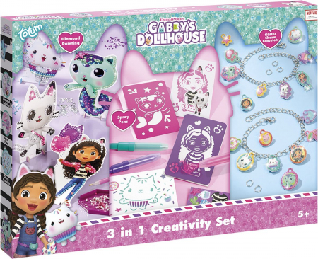 Top jucării - Set creativ 3 in 1, Bratari cu pandantive, carioci spray si diamont painting, Gabby's Dollhouse