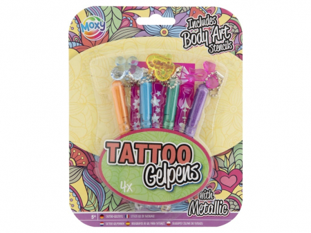 Jucarii +4 Ani - Set-creativ,4-pixuri-cu-gel-si-sabloane-pentru-tatuaje,-Tattoo-Gelpens-Metallic-Moxy