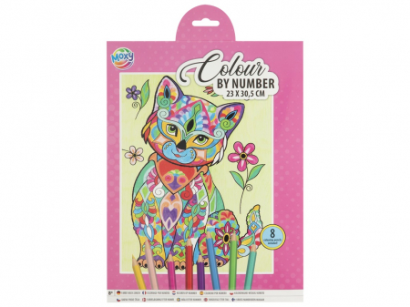 Jocuri educative - Set creativ, Coloreaza pe numere, A4, 8 creioane, pisica, Moxy
