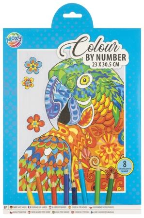 Jucării copii 10+ - Set creativ, Coloreaza pe numere, A4, 8 creioane colorate, papagal, Moxy