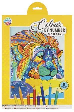 Jucării copii 10+ - Set creativ, Coloreaza pe numere, A4, 8 creioane, leu, Moxy