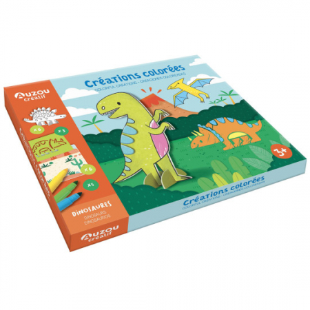 Rechizite scolare - Auzou-Set creativ cu dinozauri de asamblat colorat si planse cu stickere de spuma
