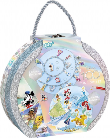 Idei de cadouri sub 100 de lei - Set creativ Disney aniversar 100 ani, 2 in 1, pictura cu diamante si bratari cu pandantive moi