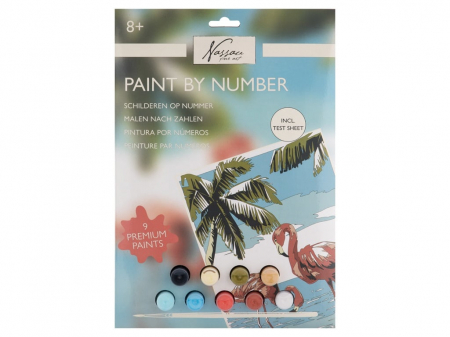 Jucării copii 10+ - Set creativ, Pictura pe numere cu 9 culori acrilice incluse, model flamingo, Nassau