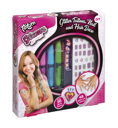 Jucării copii 10+ - Set creativ 3 in 1, tatuaje cu sclipici, tatuaje cu sclipici pentru unghii si creioane pentru colorarea parului - Fashion Glamz