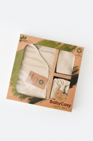 Seturi cadou nou născut - Set de 5 piese pentru nou nascut - 100% bumbac organic - Crem, Baby Cosy
