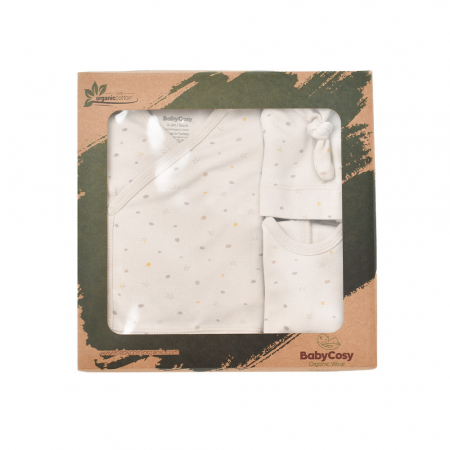 Seturi cadou nou născut - Set de 5 piese pentru nou nascut - 100% bumbac organic - Crem cu buline, Baby Cosy