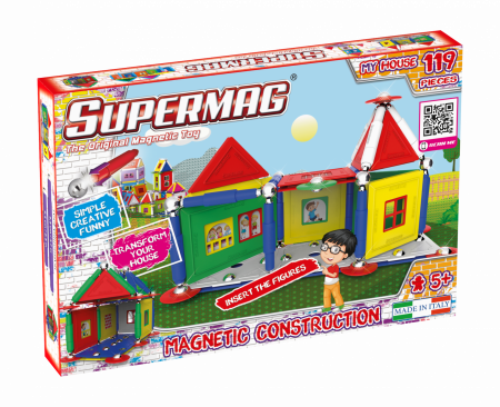 Jocuri magnetice - Set de constructie magnetic mare Supermag Casute, 119 piese