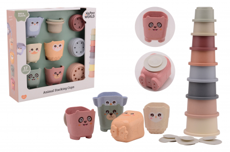 Jucării Montessori - Set de stivuit si joaca cu apa, Montessori, galetuse si pahare, din plastic bio, Happy World