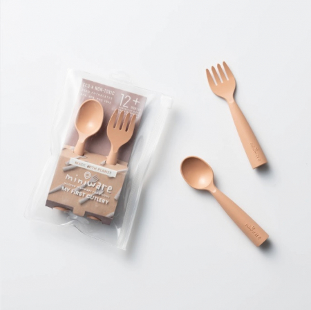Diversificare bebeluși - Set de tacamuri bebelusi Miniware My First Cutlery, 100% din materiale naturale biodegradabile, Toffee