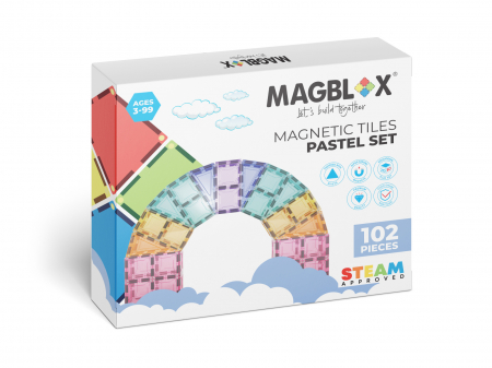 Jucării copii 5-6 ani - Set magnetic Magblox - 102 piese magnetice de constructie PASTEL transparente