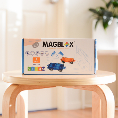 Set magnetic Magblox - 2 sasiuri magnetice accesorii pentru constructie cu roti de lemn - albastru si portocaliu [1]