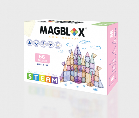 Jucării copii 5-6 ani - Set magnetic Magblox - 66 piese magnetice de constructie PASTEL transparente