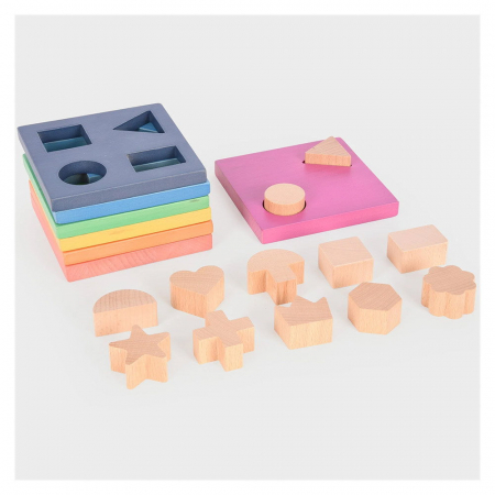 Jucării Montessori - Shape Stacker, placi din lemn cu forme pentru sortat