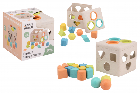 Jucării Montessori - Joc Montessori, Sortator patrat, cu forme, din plastic bio, Happy World