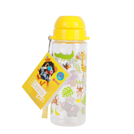 Recipiente alimentare - Sticla transparenta din tritan cu pai, 400 ml - animale din jungla