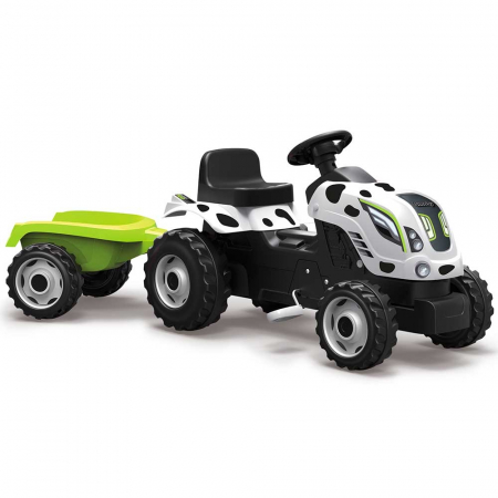 Mașinuțe, tractoare și excavatoare - Tractor cu pedale si remorca Smoby Farmer XL alb negru