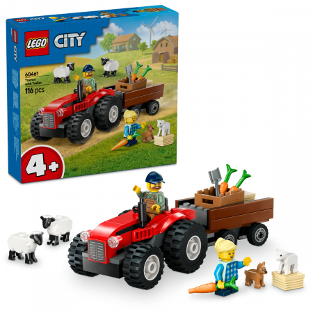LEGO® -  Tractor de ferma rosu cu remorca si oi