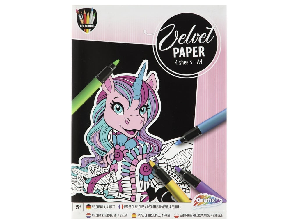 Set creativ de colorat pe fundal de catifea, Velvet Paper, unicorn, planse catifelate, A4