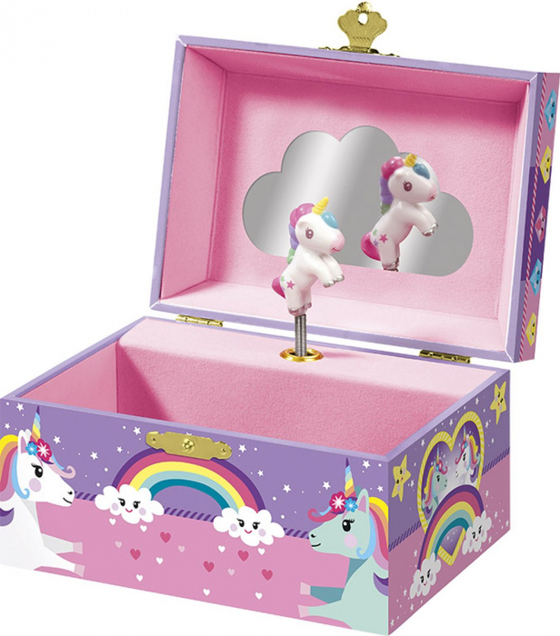 Cutie muzicala pentru bijuterii cu figurina unicorn si oglinda