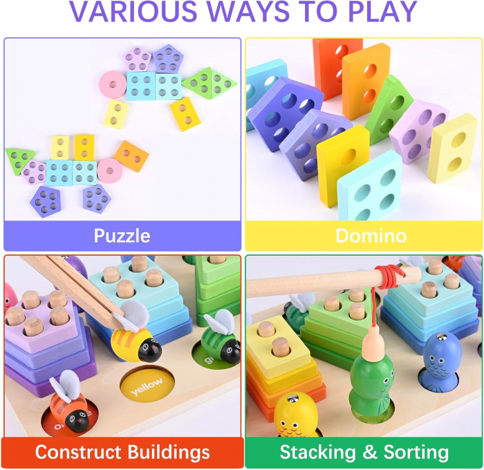Jucarie Montessori 3 in 1 din Lemn Pescuit Magnetic, Sortare Culori si Stivuire Forme [3]