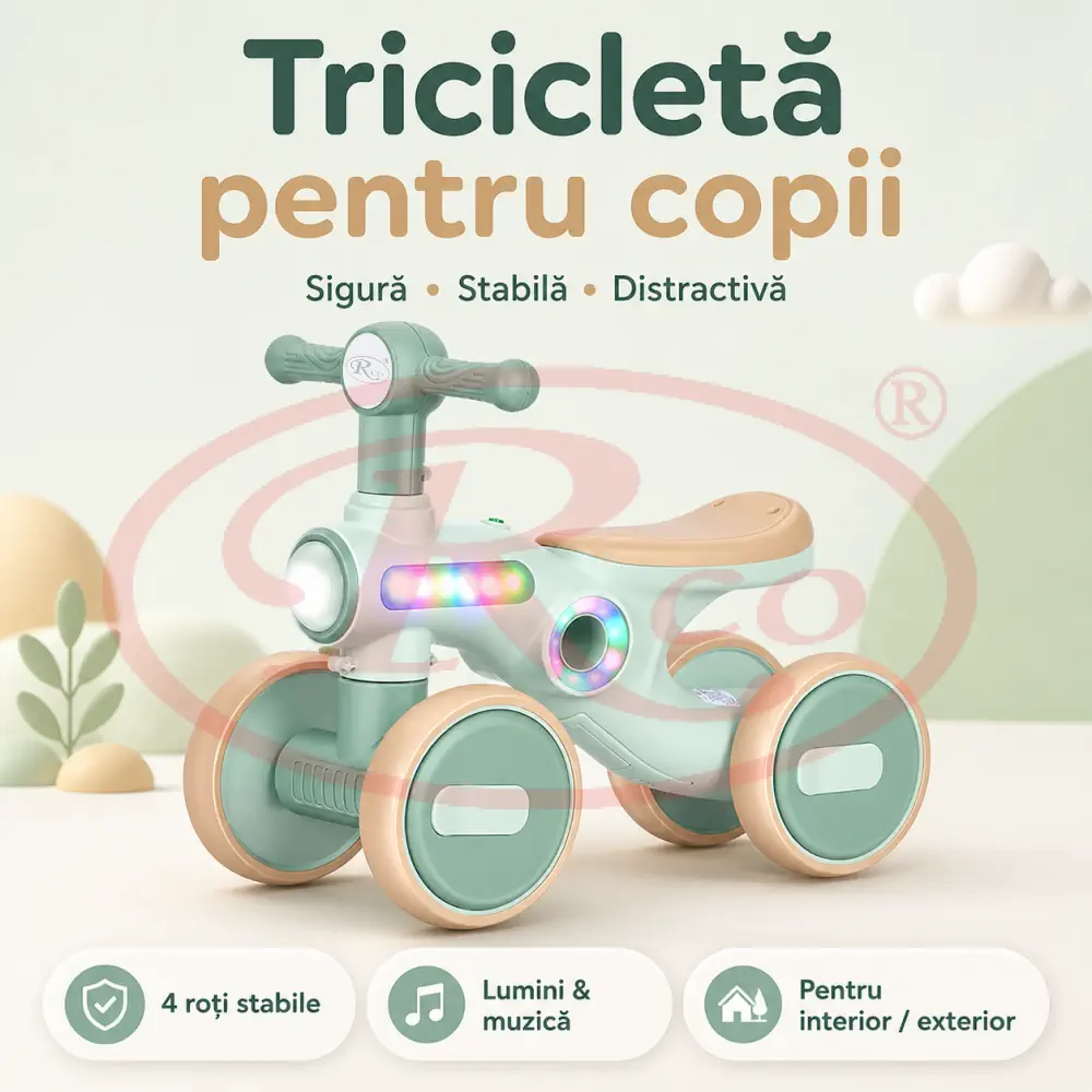 Bicicleta Echilibru Copii Ride-On Verde cu Lumini si Muzica, 4 Roti [6]