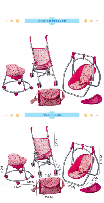 Set 4 Accesorii Pentru Papusi Carucior Premergator Leagan si Geanta [2]