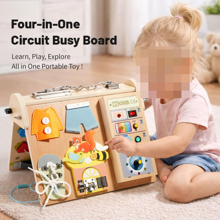 Busy Board Montessori Lemn 4in1 LED, Nasturi Sireturi Circuit [4]