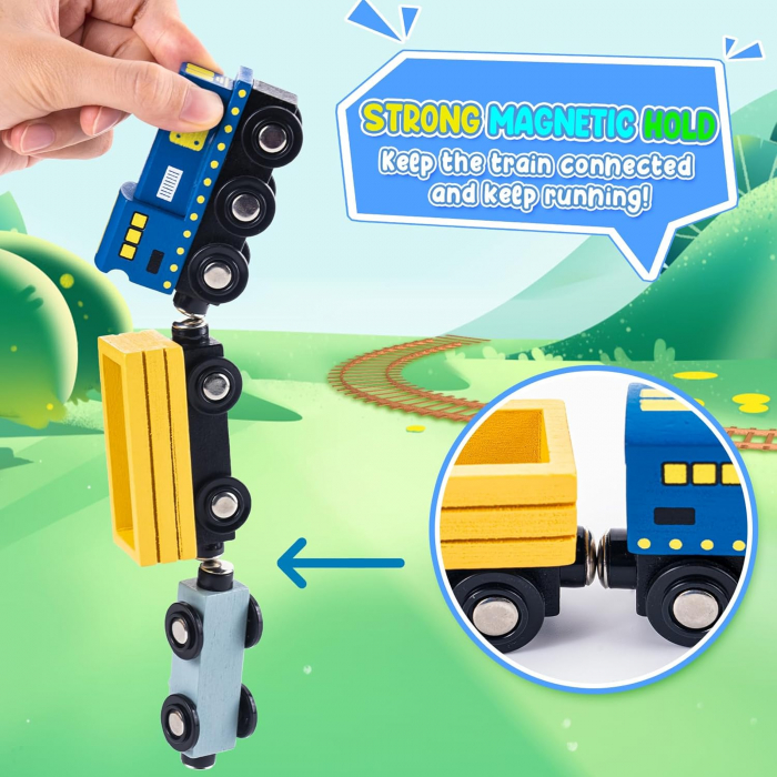 Set de Tren din Lemn pentru Copii - 108 Piese cu Sine, Macara Magnetica si Joc de Pescuit [12]