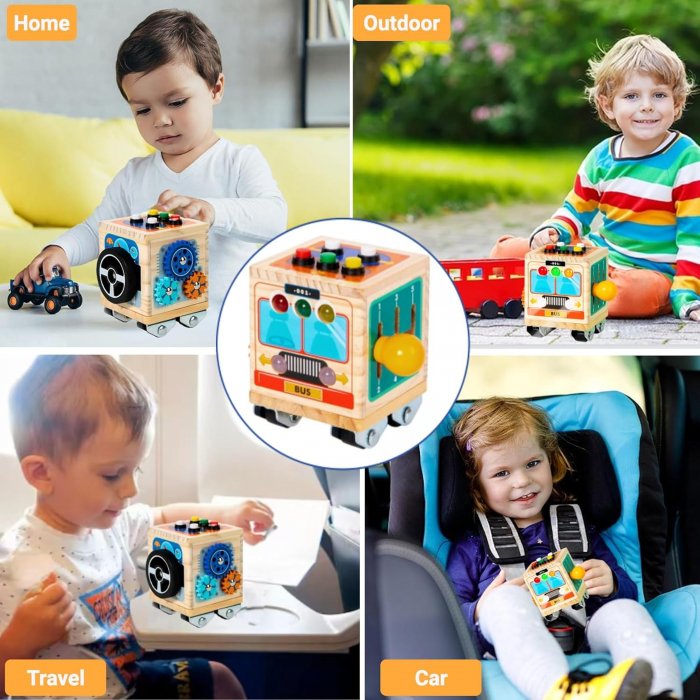 Jucarie Montessori Cub de Activitate Senzoriala din Lemn cu LED si Volan [3]
