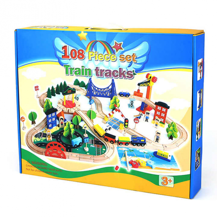 Set de Tren din Lemn pentru Copii - 108 Piese cu Sine, Macara Magnetica si Joc de Pescuit [2]