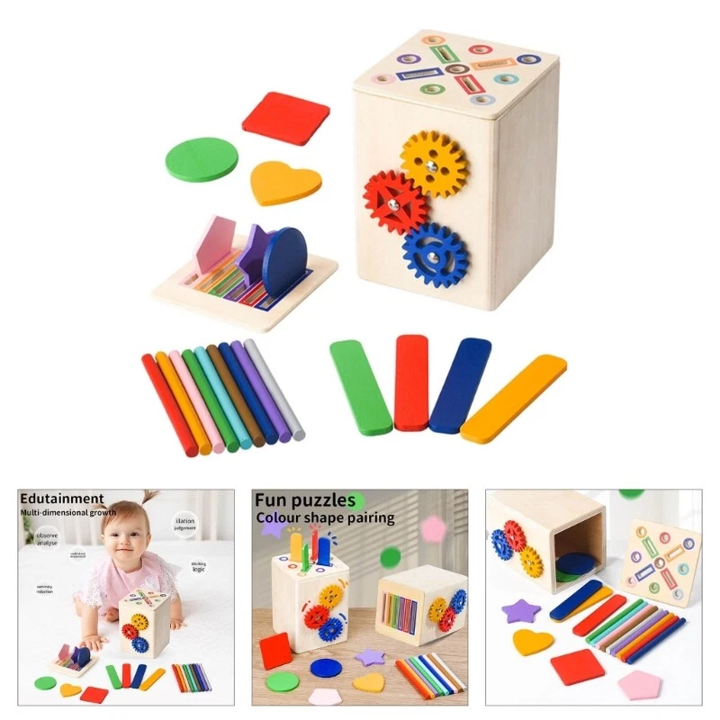 Cub Senzorial Montessori Lemn 6 in 1, Forme Culori Angrenaje, 2 Ani+ [4]