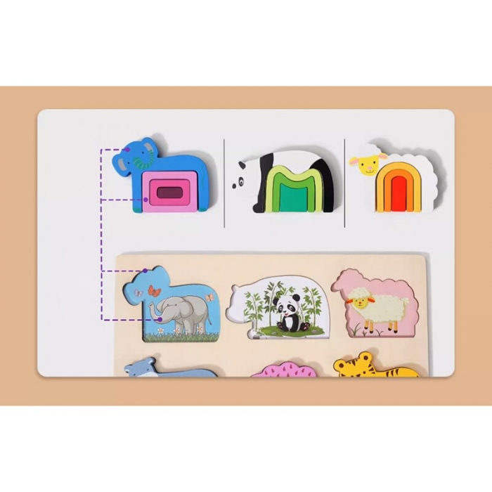 Puzzle din Lemn 3D Animale Curcubeu - Jucarie Educativa pentru Copii [3]
